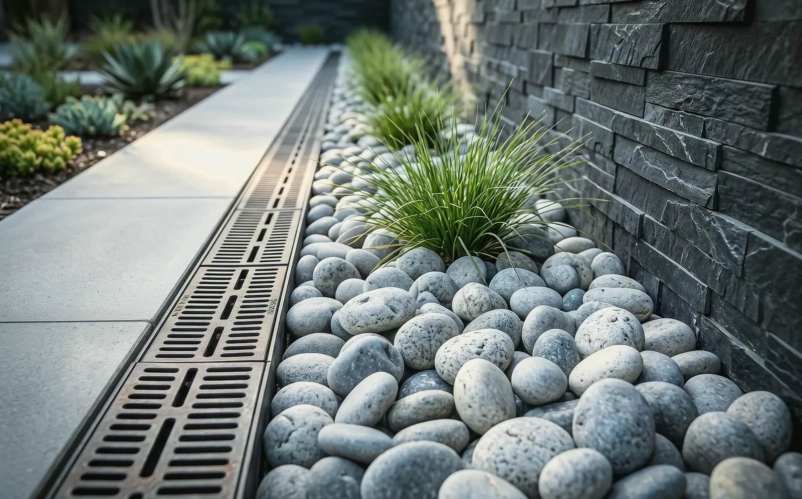 Drain line set into a trench in a graded yard