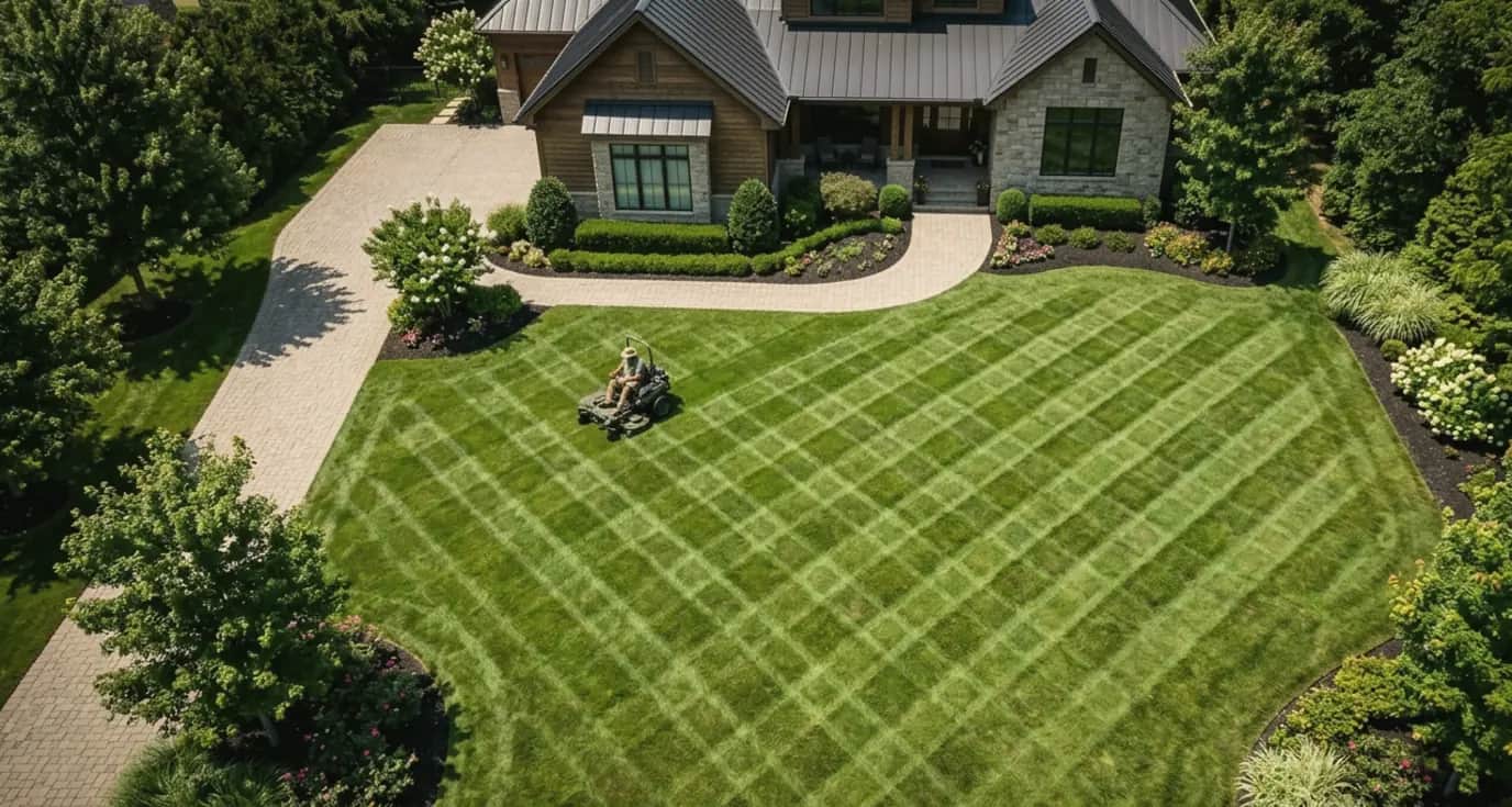 Mown lawn with edged beds on a maintained property